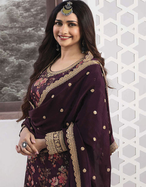 Trendy Traditional Party Wear Salwar Suit Purple Georgette Palazzo Straight Close-up View